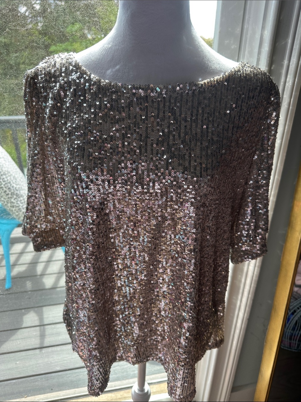 Cable & Gauge silver Sequin over beige Short-Sleeve Top